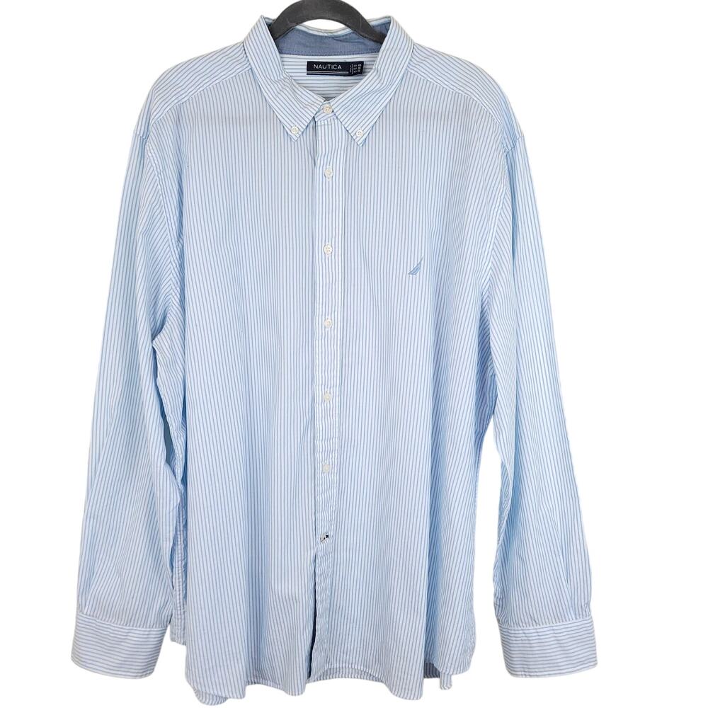 Nautica Blue White Striped 100% Cotton Classic Button Down Shirt, Men's XXL